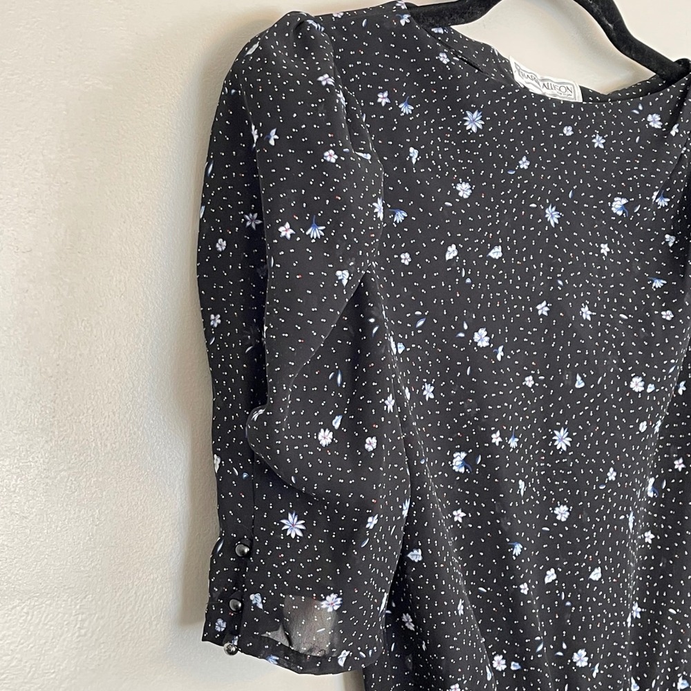 Vintage Floral Polka Dot Puff Sleeve Midi Dress Sheer Black Size 7/8 Cottagecore - Picture 4 of 9